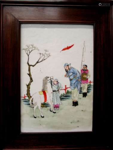 Chinese Famille Rose Porcelain Panel with Rose Wood Frame.