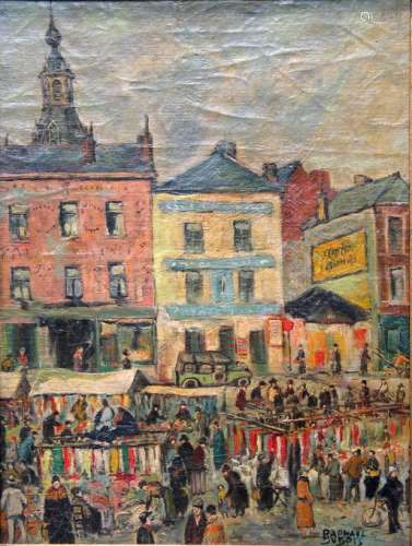 Market Day in the City oil canvas on board, signed lower right in regancy style frame by Rapheal Dubois(1888-1960),Belgium/France.