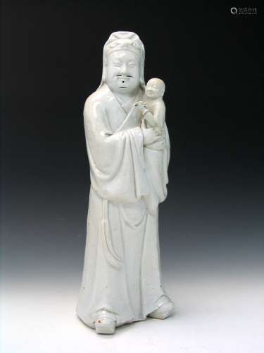 Chinese Blanc De Chine Porcelain Statue of A Man Holding a Baby.
