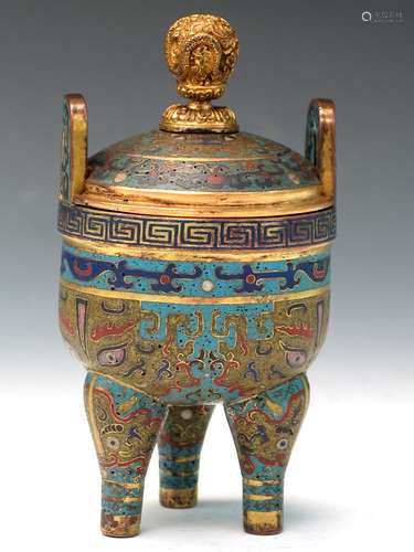 Chinese Cloisonne Incense Burner with Lid, Qianglong Mark.