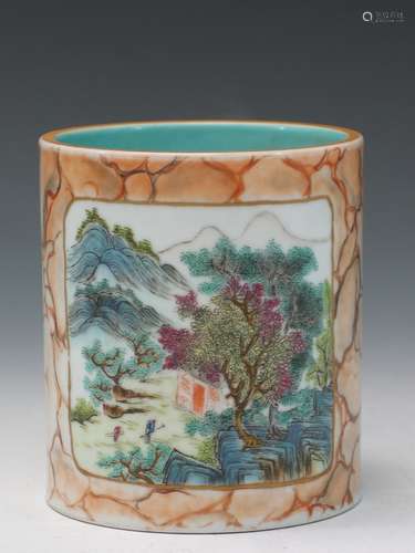 Chinese Famille Rose Porcelain Brush Pot, Qianlong Mark.