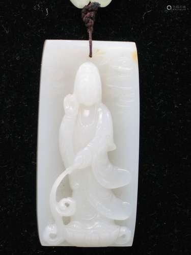 Chinese White Jade Placque with Carved Guanyin