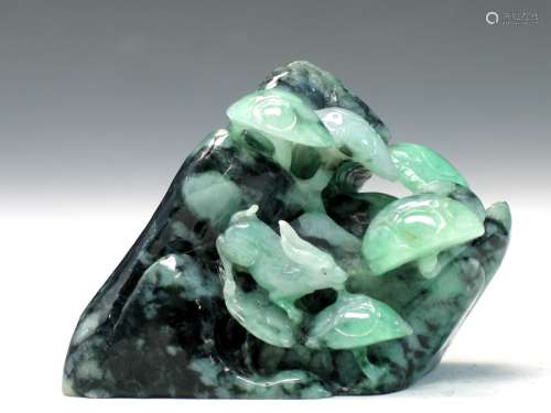 Natural Jadeite Carving of a Boulder with Mushroom and Chilin