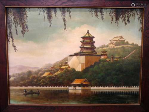 Chinese Summer Palace, Oil Painting on Canvas, signed S, Liaw.