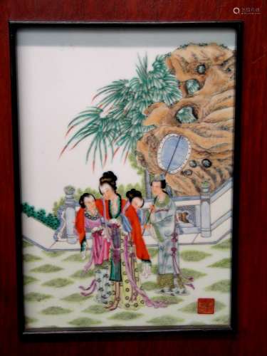 Chinese Famille Rose Porcelain Panel with Hard Wood Frame.