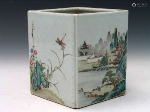 Chinese Famille Rose Porcelain Brush Pot, Qianlong Mark.