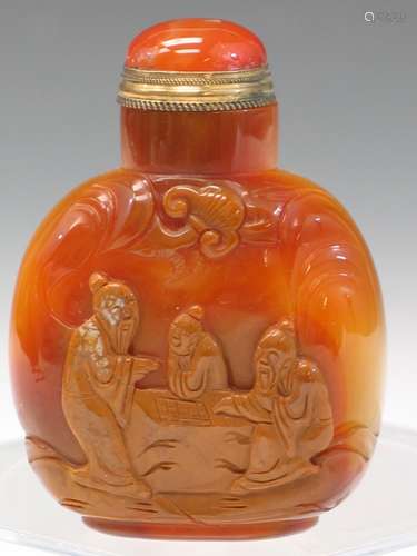 Chinese Carved Agate Snuff Bottle, Three Scholars Playing Chess Scene