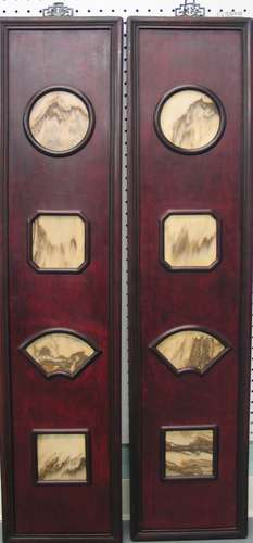 Pair of Chinese Antique Marble Inlaid Rose Wood Wall Panels.