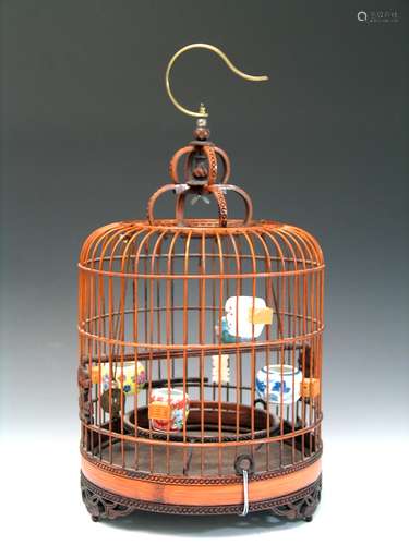 Antique Chinese Bamboo Bird Cage with Porcelain Bird Feeders