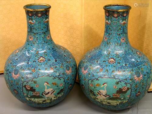 Pair of Large Chinese Cloisonne Vases. Early 20th Century.