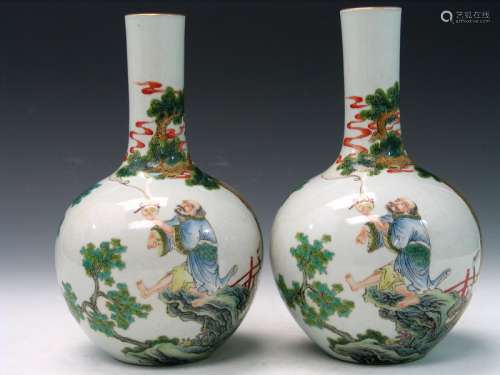 Pair of Chinese Famille Rose Porcelain Vases, Marked.