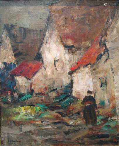 Les Maison Aux Toits Rouges oil on canvas, signed lower left by Abel Bertram (1871 - 1954), American/French.