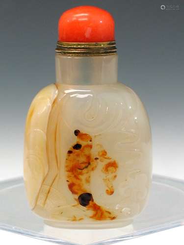 Chinese Carved Agate Snuff Bottle, A Man with a Bat Scene