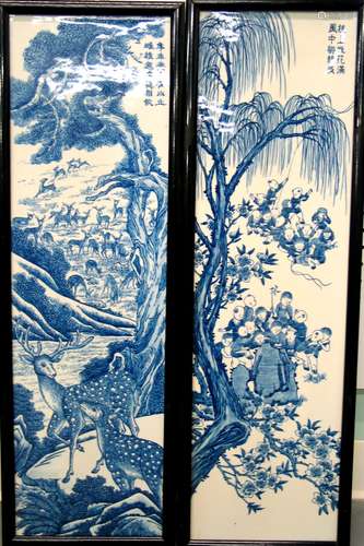 Pair of Chinese Blue and White Porcelain Wall Panels.