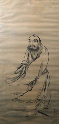 Antique Chinese Ink on Paper Painting of a Luohan