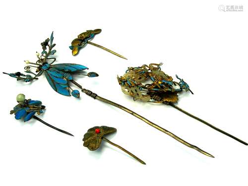 Gold Gilt on Silver Antique Chinese Hair Pins, Set of Five.