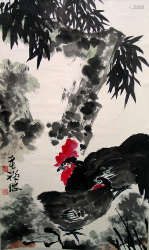 Chinese Ink and Water Color Painting Scroll, Signed Li Ku Chan.