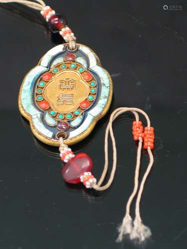 Chinese Turquoise, Coral and Gemstone Inlaid Ebstinence Plaque