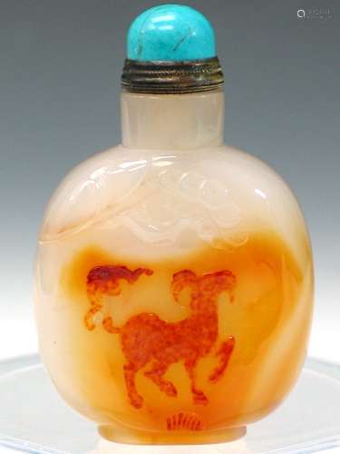 Chinese Carved Agate Snuff Bottle, Goat and Bat Scene.