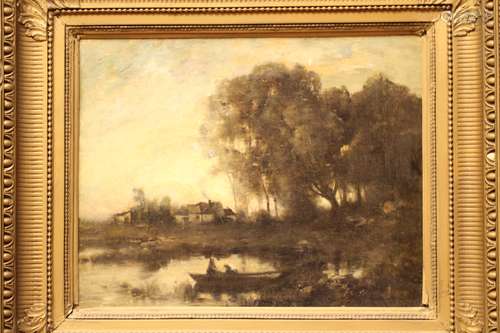 Oil Painting on Canvas, Lake & Tree - 19th C.