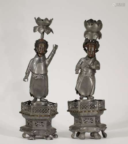 Pair of Chinese Pewter Candle Holder