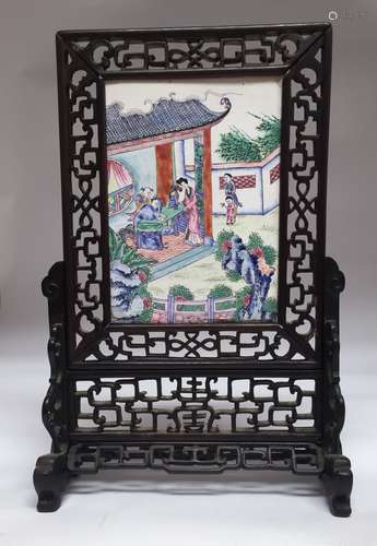 Chinese Enamel Plaque w/ Wood Frame