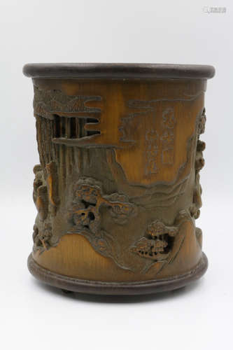 Chinese Bamboo Brush Pot w/ Figures