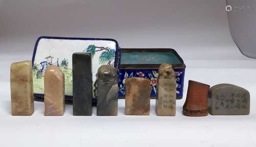 A Group of Antique Soapstone Seal w/ Enamel Box