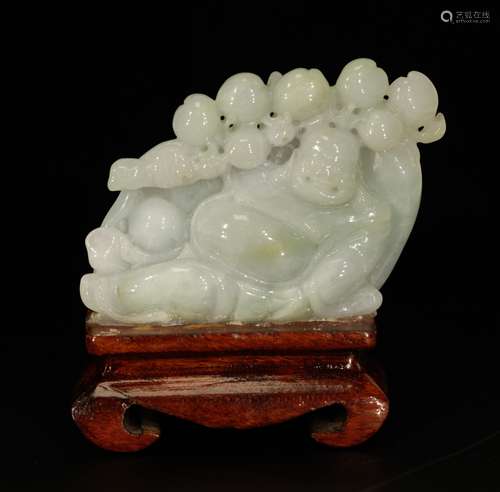 Finely Jadeite Carved Buddha with Wood Base