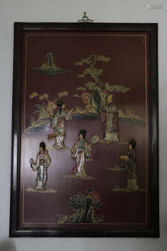 Chinese Lacquer Screen w/ Soapstone Inlaid