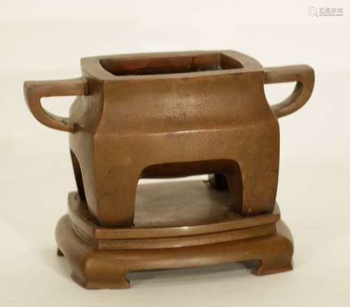 Chinese Square Bronze Censer w/ Original Base