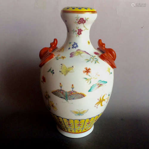 Qing Dynasty Chinese Famille Rose Two Ear Vase