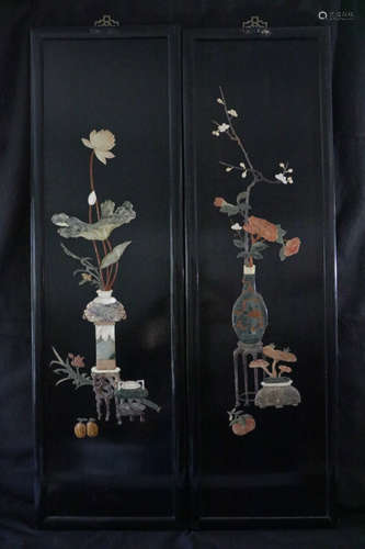 Pair of Chinese Wood Screen w/ Stone Inlaid