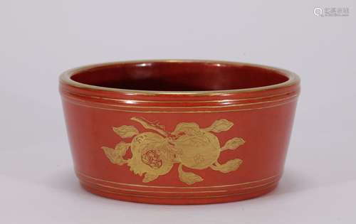 Chinese Red Glazed w/ Gilt Line Brush Washer