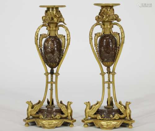 Pair of Early Bronze & Marble Candle Stick