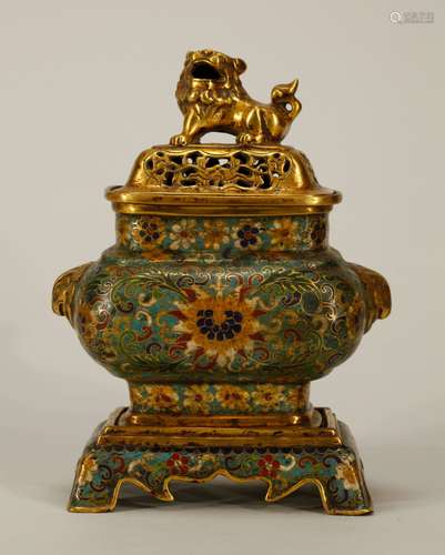 Chinese Enamel Bronze Incense Burner w/ Lion Cover