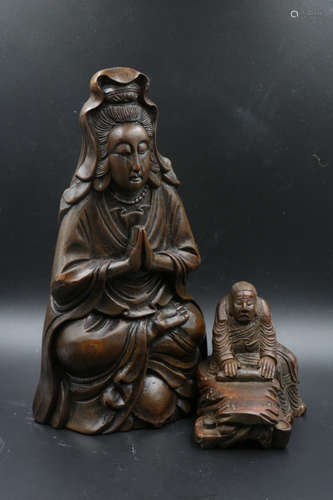 2 Pieces of Bamboo Carvings of Guanyin & Lady