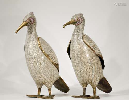 Pair of 19th C. Chinese Cloisonne Bronze Cranes