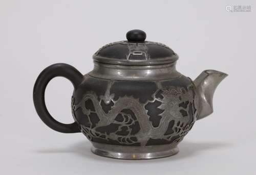 Late Qing Dynasty Pewter Overlaid Zisha Teapot