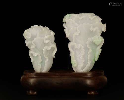 A Set of Chinese Jadeite Carved Cabbage w/ Stand