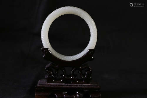 Chinese Carved White Jade Bangle