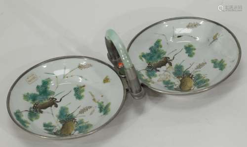 Pair of Chinese Porcelain Dishes Inlaid Jadeite