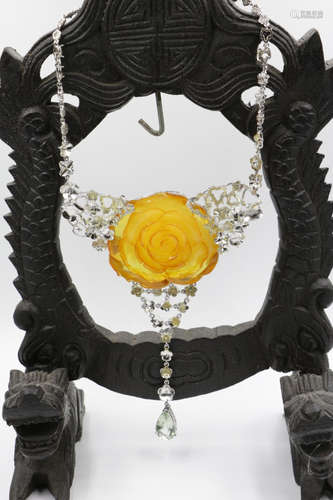 Amber Necklace w/ Silver Chain & Stone Deco