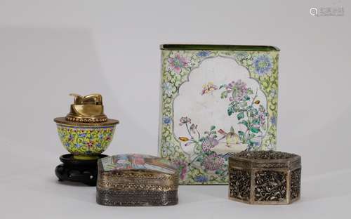 4 Pieces of Chinese Enamel Bronze & Silver Vase