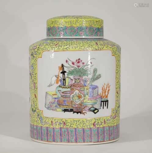 A Chinese Famille Rose Yellow Glazed Cover Jar