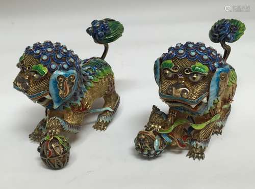 Pair of 20th C. Chinese Silver w/ Enamel Lions