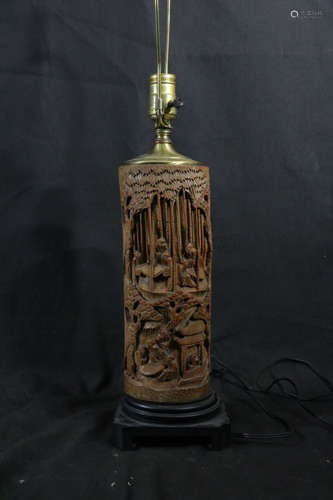 Chinese Bamboo Carving Lamp w/ Figure and Scholar