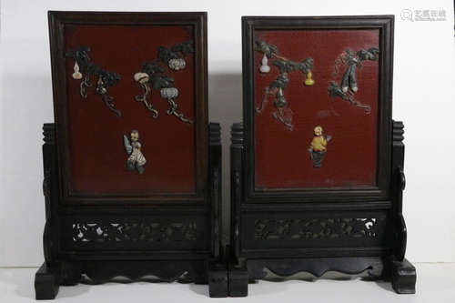 Pair of Chinese Table Screen w/ Multiple Stone