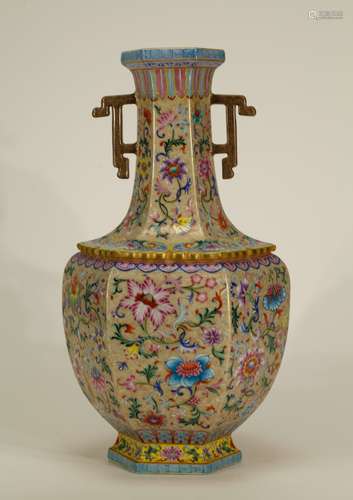 Chinese Hexagon Shape Enamel Vase w/ Twin Ears