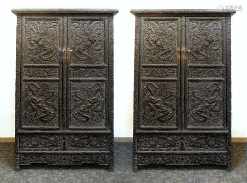 Pair Of Large Qing Zitan Dragon Carved Cabinets